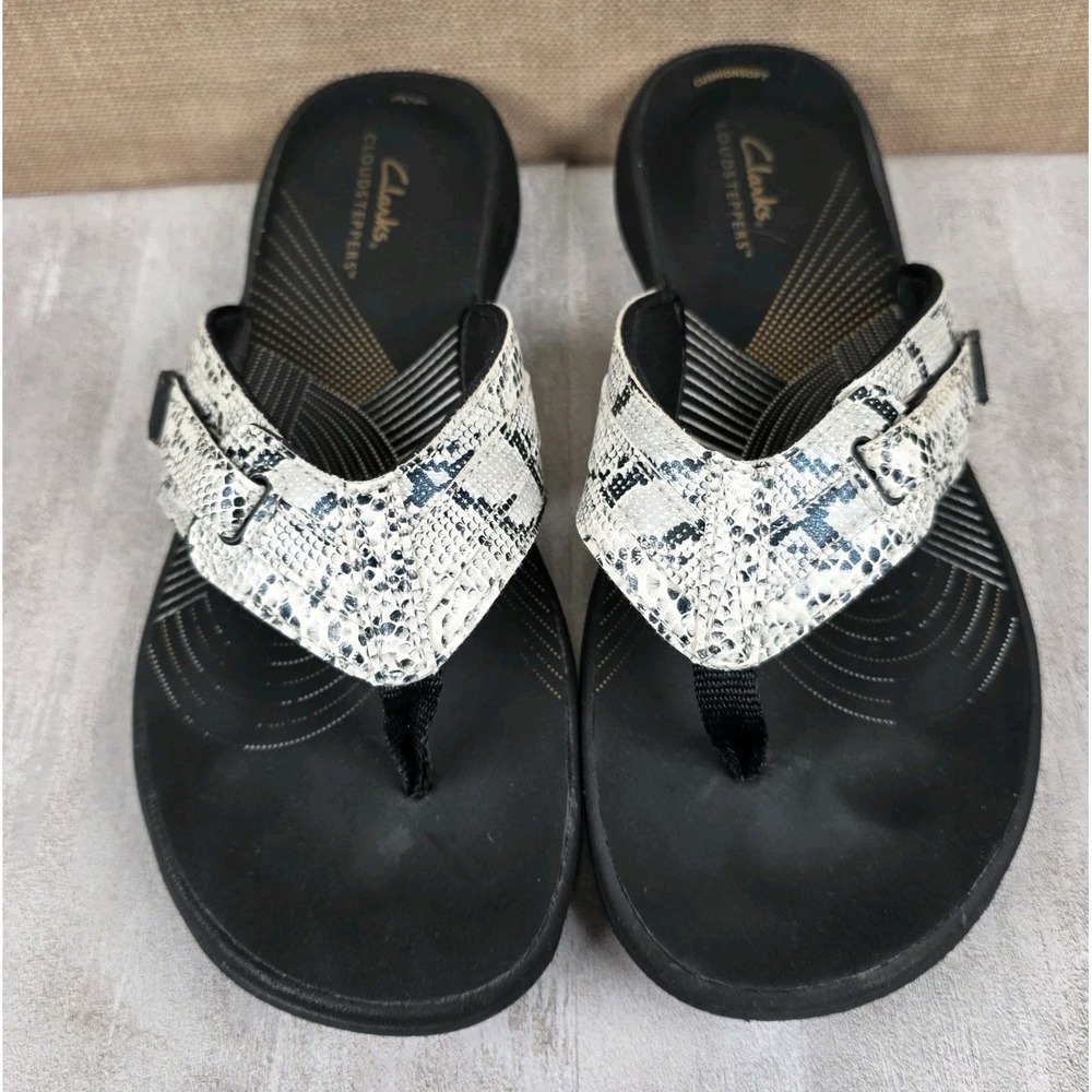 Clarks Cloudsteppers Brinkley Jazz Black Snake Print Flip Flops Sandals Women 7M